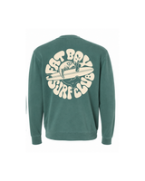 Day Drinker Crewneck in Alpine Green, back view with cream manatee surf graphic