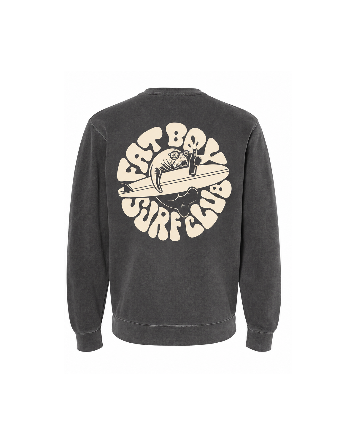 Day Drinker Crewneck in Pigment Black, back view with cream manatee surf graphic