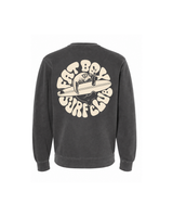 Day Drinker Crewneck in Pigment Black, back view with cream manatee surf graphic