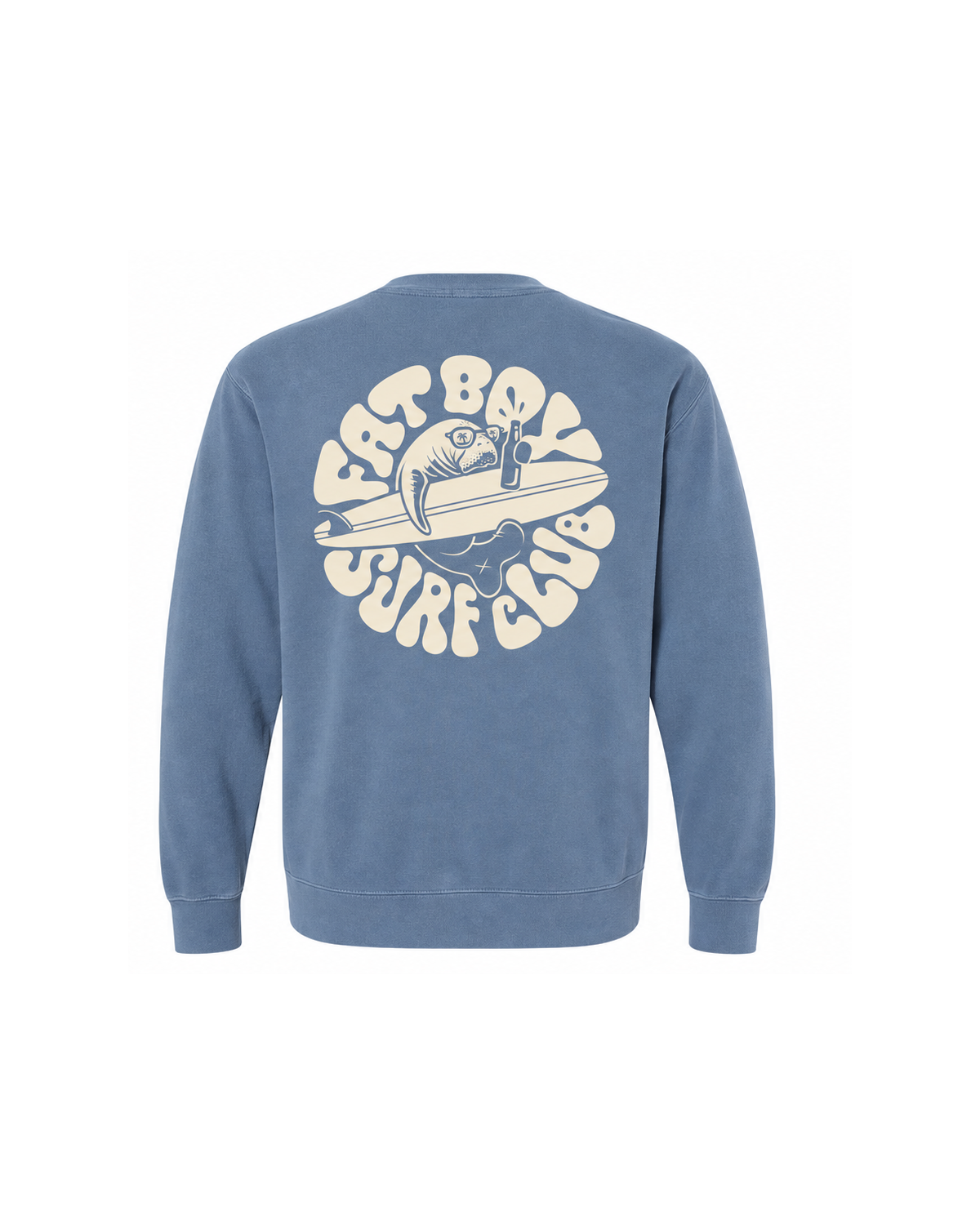 Day Drinker Crewneck in Slate Blue, back view with cream manatee surf graphic