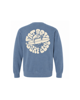 Day Drinker Crewneck in Slate Blue, back view with cream manatee surf graphic