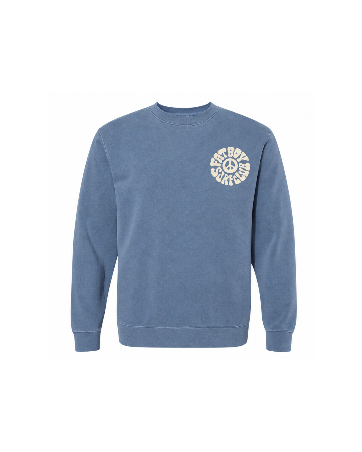 Day Drinker Crewneck in Slate Blue, front view with cream left-chest FBSC logo