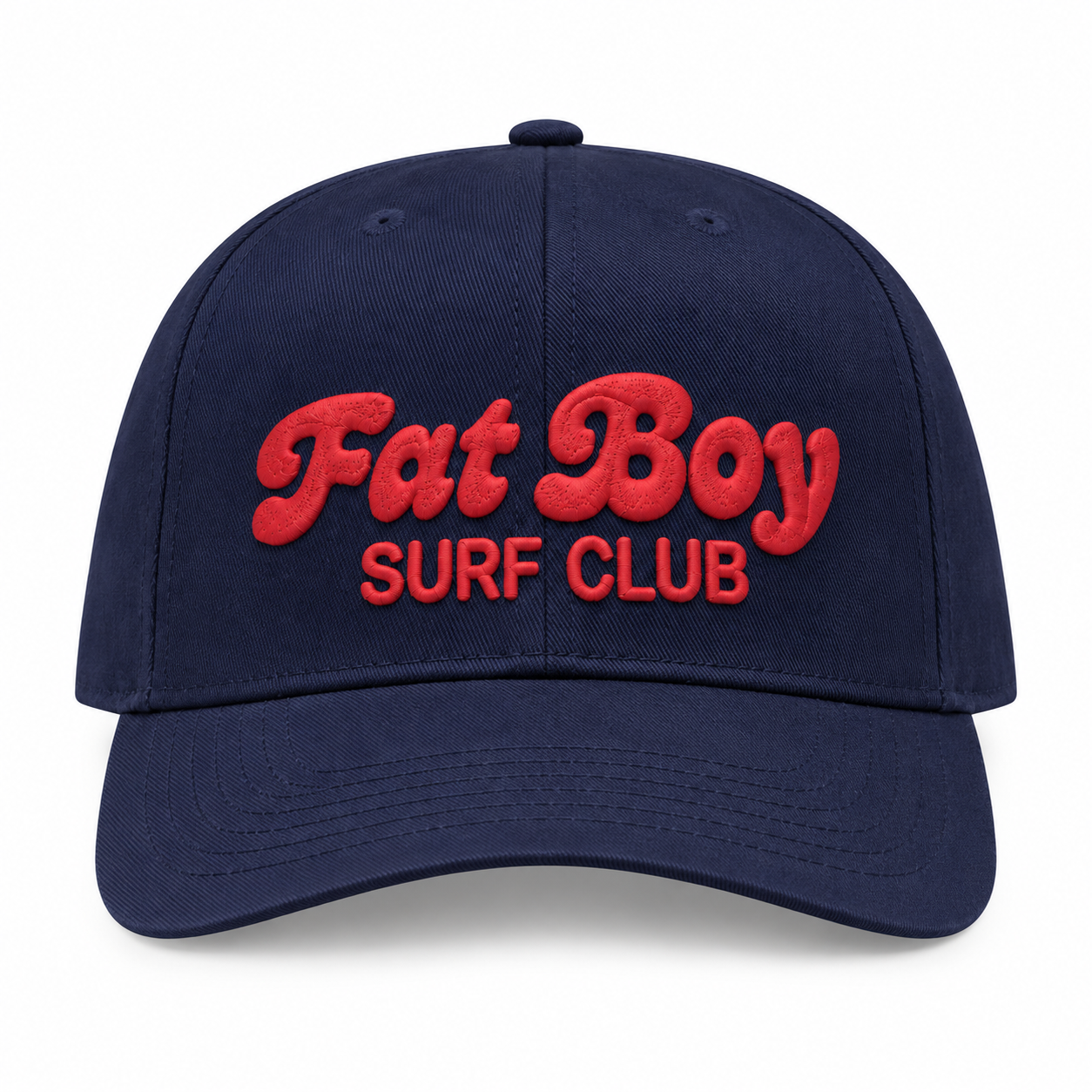 Front view of Fat Boy Surf Club navy five-panel hat with red embroidered swoop logo