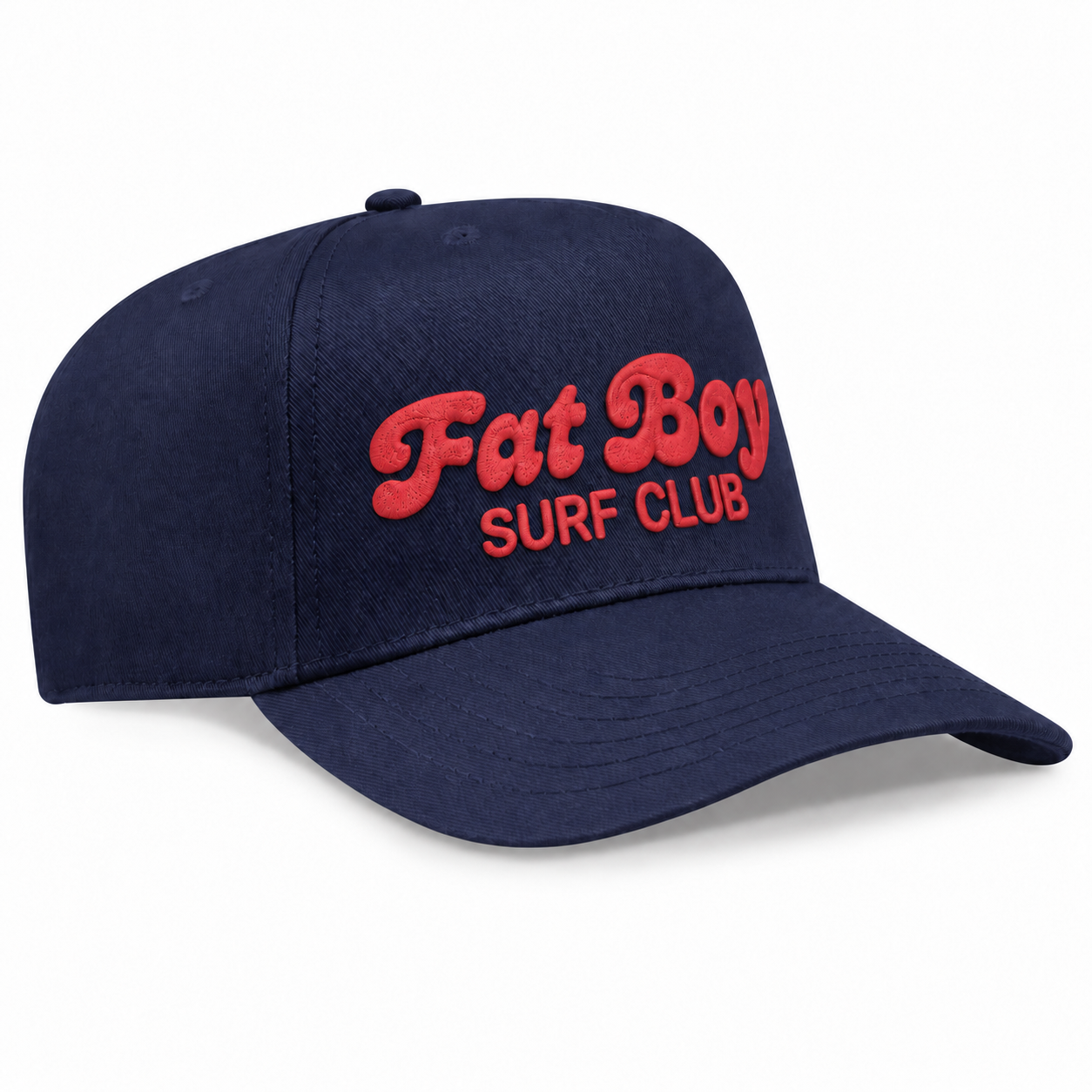 Fat Boy Surf Club navy five-panel hat with red embroidered swoop logo