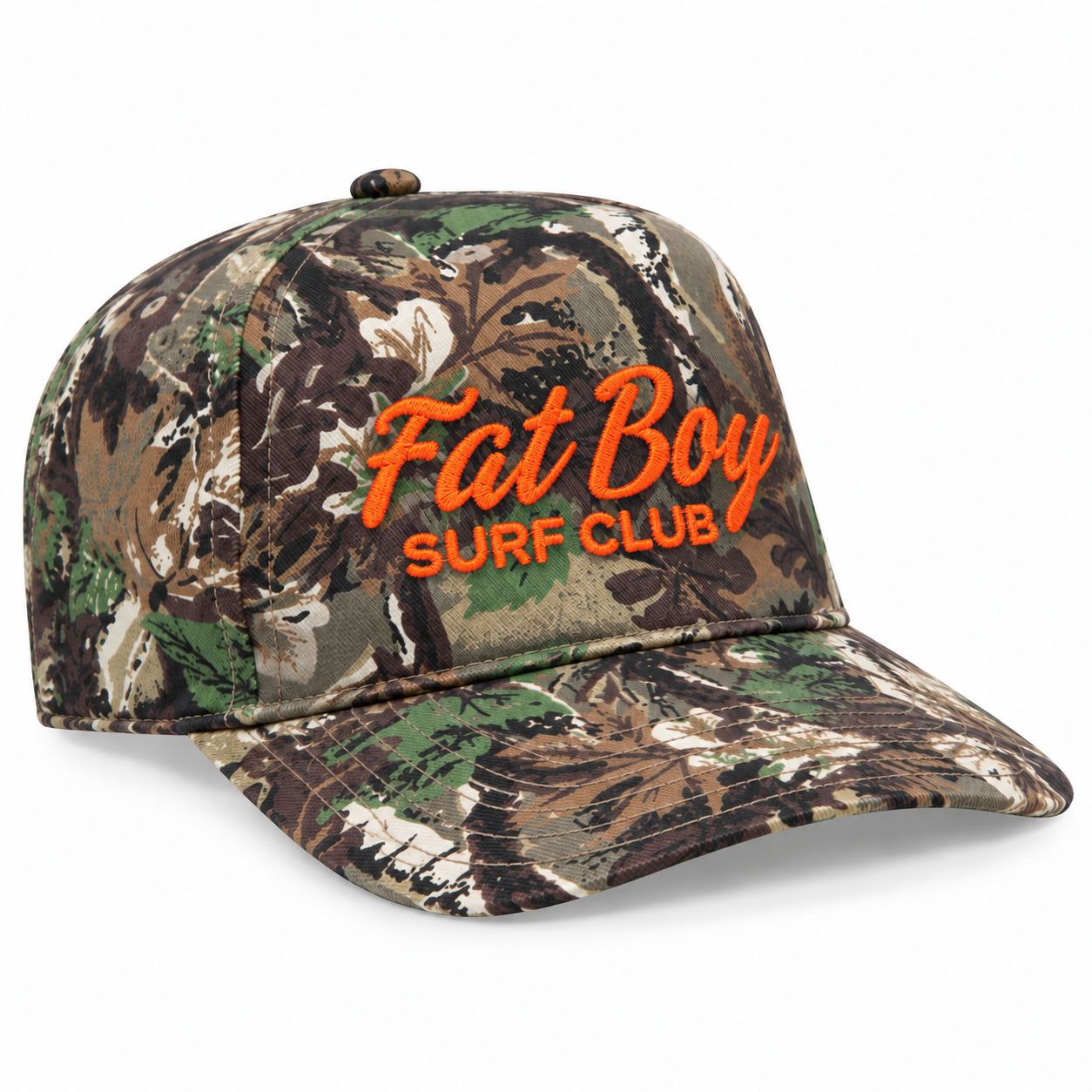 FBSC Paradise Club Hat in woodland camo with orange flat-stitch embroidery, angled view