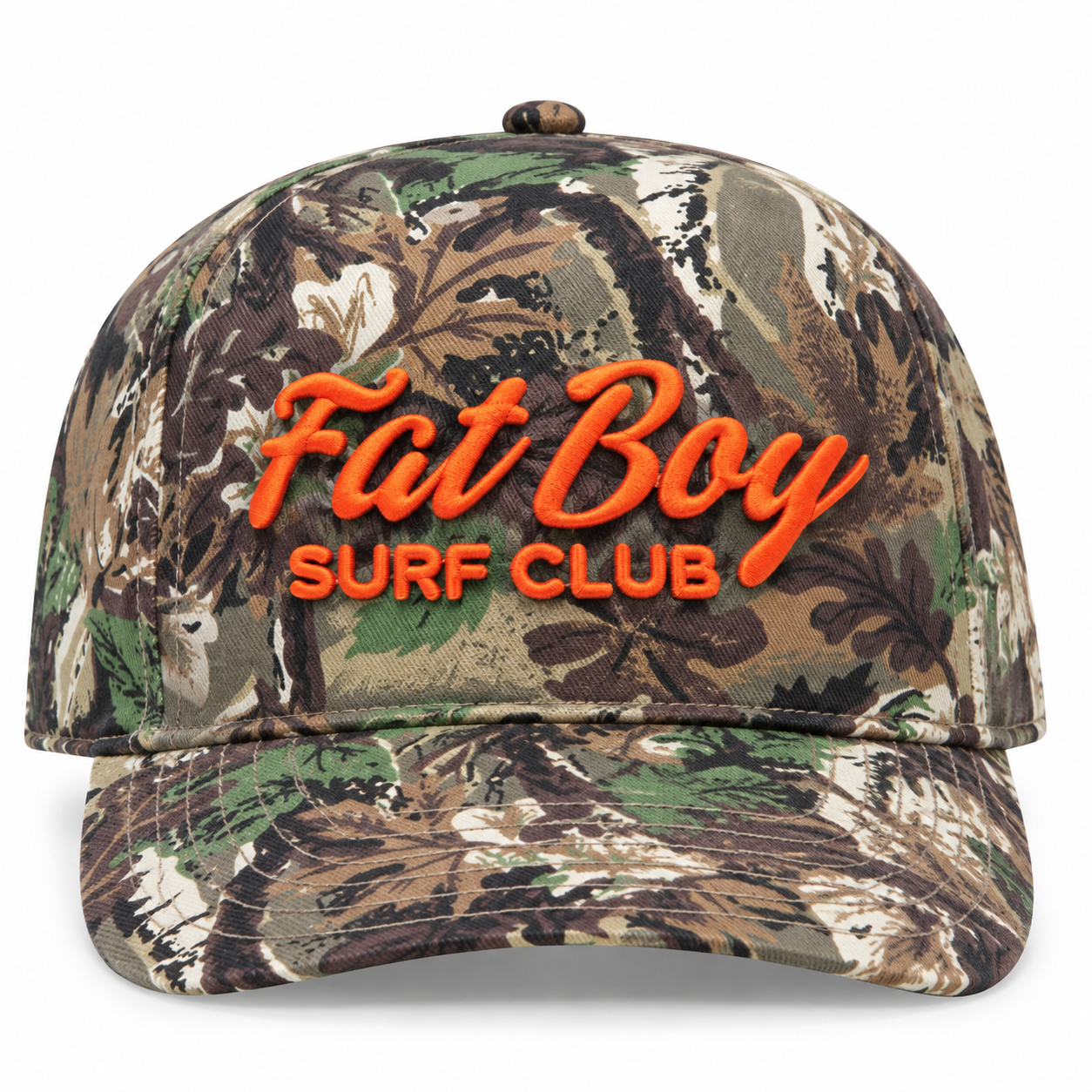 FBSC Paradise Club Hat in woodland camo with orange embroidery, front view