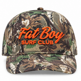 FBSC Paradise Club Hat in woodland camo with orange embroidery, front view
